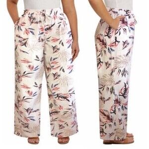 Briggs Linen Wide Leg Pants Sz L Beige Pink Tropical Boho Coastal Beach‎ Summer